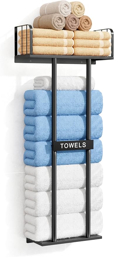Towel Racks for Bathroom with Top Towel Shelf Hold 8 Large Rolled Towels, 36" Wall Mounted Bathroom Towel Storage Organizer for Small Bathroom, Camper, Rv (Black)