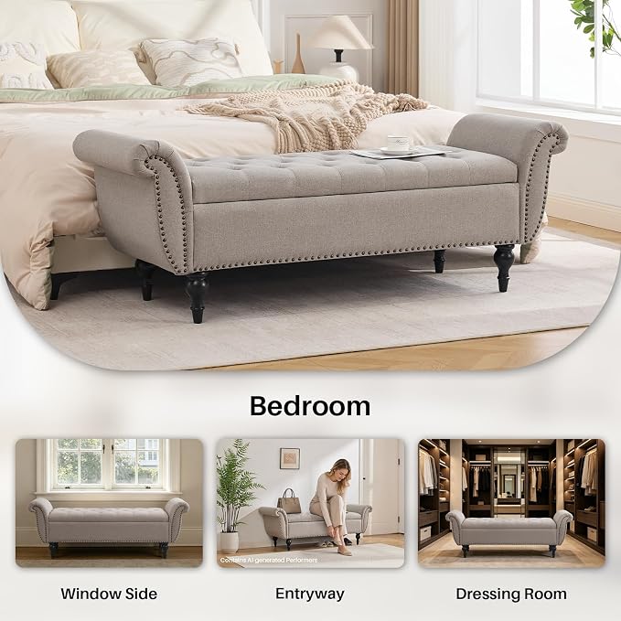 63.8" Storage Bench for Bedroom Rolled Arm Ottoman 700 Lb Linen Light Khaki | Premium Linen End of Bed Bench Elegant Upholstered Ottoman with Hidden Storage Entryway Shoe Bench Window Seat