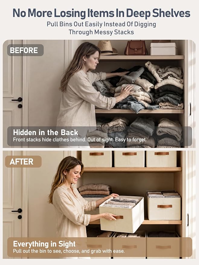 6 Pack Large Closet Storage Baskets Bins for Shelves, Collapsible Fabric Closet Organizers and Storage with Polyester Handles, Decorative Baskets for Organizing Clothes, Towels, Linen Closet 14"x10"