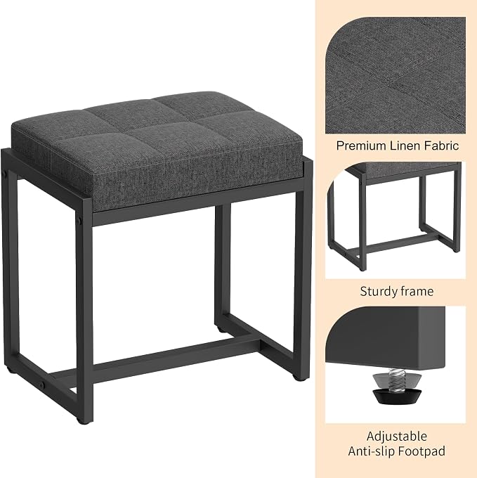 Vanity Stool, Vanity Chair Stools for Makeup Room, Square Linen Makeup Stool for Vanity, Modern Padded Vanity Bench Small Ottoman Foot Rest Stool for Bedroom Living Room, Dark Grey & Black