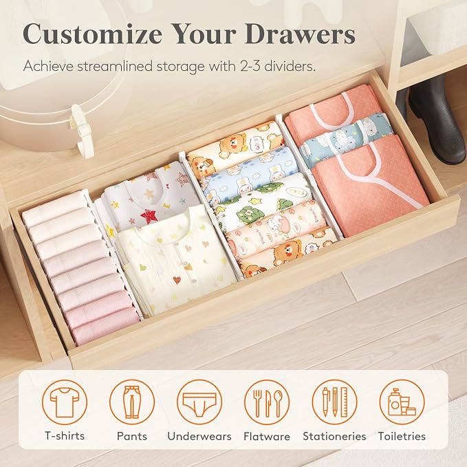 Lifewit Drawer Dividers for Clothes, 3.2" High 10.5"-16.5" Expandable Dresser Drawer Organizers, Adjustable White Plastic Separators for Kitchen, Cabinet, Nursery, Socks & Underwear Storage, 4 Pack