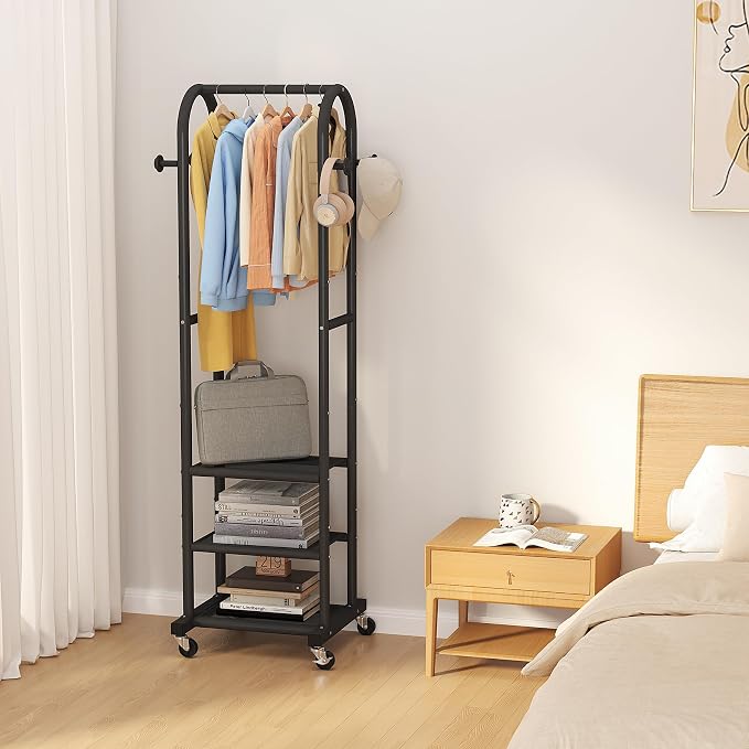 Dttwacoyh Clothing Rack with Wheels,Narrow Metal Garment Rack,Black | Easy to install, 71.8 Inches Display Rack with 4 Side Hooks & 3 Shelves,for Small Flats, Bedroom, Entryway,Black Clothes Rack