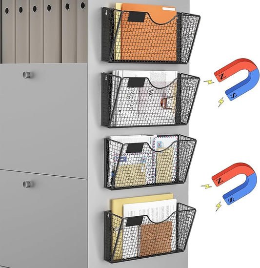 MFTEK Magnetic File Holder, 4 Pockets Magnetic File Folder Holder No Drilling Magnet Paper Mail Organizer Magazine Basket, Hanging Wall Storage Rack for Fridge Cabinets Office Classroom