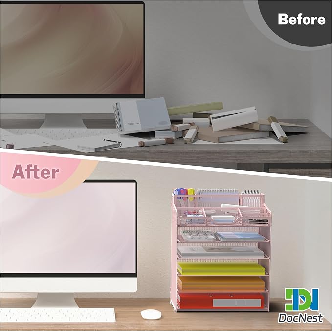 Docnest 6 Tier Mesh Desk Organizer with Letter Tray & Paper Sorter, Pink | Features 3 built-in pen holders & 5 adjustable compartments on top. Includes 4 non-slip rubber feet for desk protection