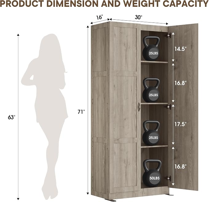 DUMOS Wood Storage Cabinet with Doors and Shelves, Kitchen Pantry Cabinet | 71'' Tall Freestanding Wooden Cabinets for Bedroom, Pantry, Home Office, Dining Room & Living Room, Light oak
