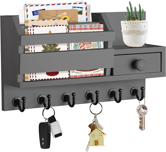 VIS'V Key Holder Wall Mount, Wooden Mail and Key Organizer, Gray | Contains Little Drawer, Small Shelf, 2 Slots, 6 Hooks, for Entryway, Hallway, Doorway, Kitchen, Garage, RV