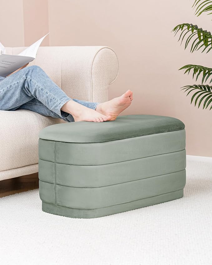 B FSOBEIIALEO Velvet Storage Ottoman with Tray, Folding Ottoman with Storage Coffee Table Shoes Bench for Dorm Room, Living Room Sage, 30"x15"x15"
