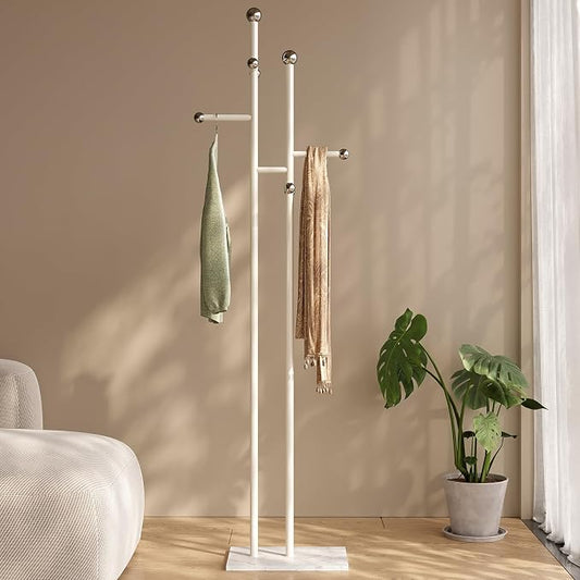 Metal Standing Coat Rack for Entryway Bedroom Living Room (White) | Easy Assembly, Compact Footprint, Space Saver, Metal Frame, Marble Base, Sturdy, 8 Spherical Hooks, Office, Corner