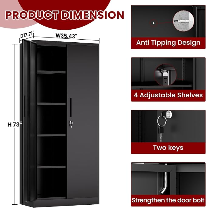 AQY Kitchen Pantry Cabinet,73" Black Pantry Storage Cabinet with 4 Tier Adjustable Shelves and 2 Doors,Freestanding Cupboard,Metal Pantry Cabinets with Handle for Living Room Kitchen Assembly Required