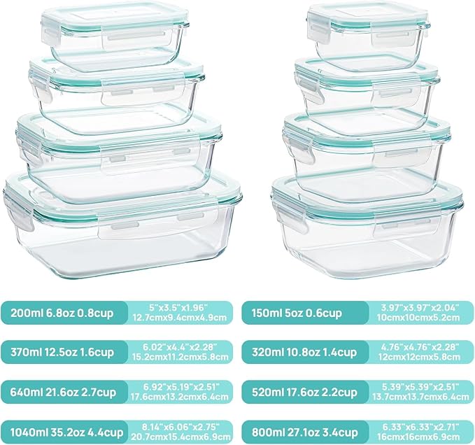 Vtopmart 8 Pack Glass Food Storage Containers with Airtight Lids | Meal Prep Lunch Containers, Leakproof, Leftover Storage, Take-out, Microwave, Oven, Freezer and Dishwasher Safe, BPA Free