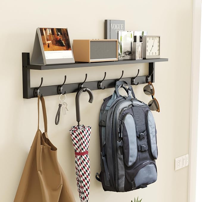 BAMEOS Wall Hooks with Shelf 35 Inch Length Entryway Hanging Shelf Wood Coat Hooks Wall-Mounted Coat Hook Rack with 7 Dual Hooks for Bathroom, Living Room, Bedroom (Black)