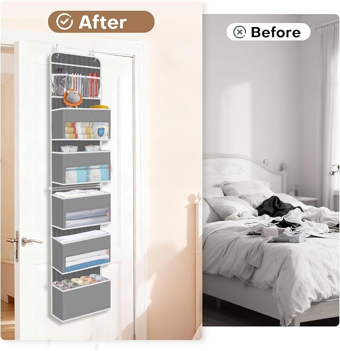 Over the Door Organizer, Large Pocket Hanging Storage with 40lb Capacity | Space Saving Door Storage for Nursery, Bathroom, Bedroom and Closet, Baby Essentials and Toiletry Organizer, Grey