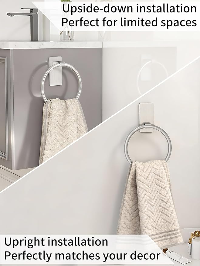 STWWO Brushed Nickel Towel Ring, Hand Towel Holder for Bathroom, 2 Pack | Self Adhesive Hand Towel Rings for Bath RV Kitchen, No Drill Hole, Silver