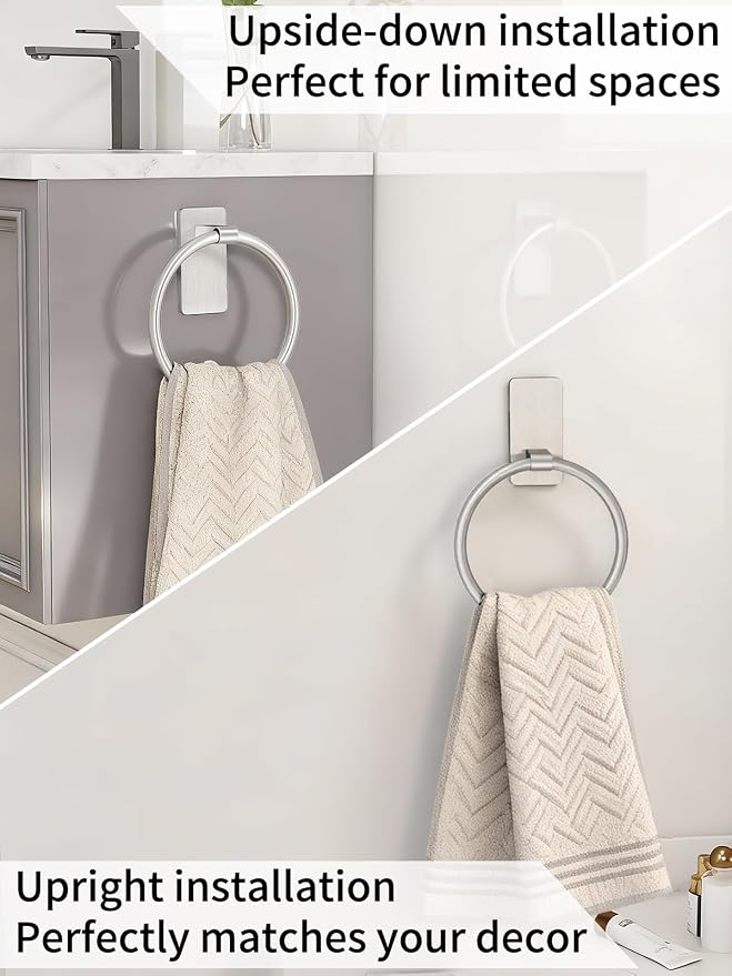 STWWO Hand Towel Holder for Bathroom, Brushed Nickel Towel Ring Adhesive | Bathroom Towel Holder Self Adhesive for Bath RV Kitchen, No Drill Hole