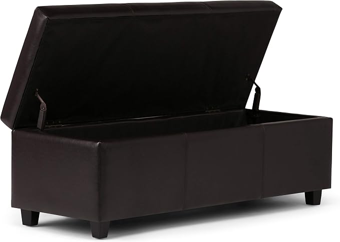 SIMPLIHOME Avalon Storage Ottoman Bench - 48" Wide x 16" High Upholstered Vegan Leather Rectangular Lift-Top Ottoman in Tanners Brown, Contemporary Storage Bench for Living Room with High-Density Foam
