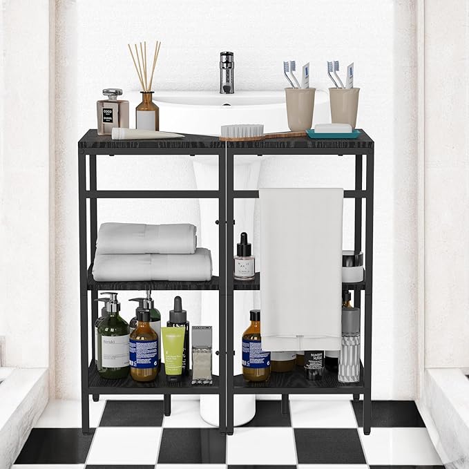 CADUKE Under Pedestal Sink Shelf, 2 Pack Under Sink Organizers and Storage, 3-Tier Pedestal Under Sink Storage Bathroom Vanity, Corner Shelf Stand for Bathroom, Kitchen, Living Room, Black
