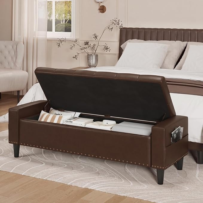60" Storage Ottoman Bench, Faux Leather Upholstered Bed Bench with Tufted Buttons and Nailhead Trim, Large Ottoman with Storage for King Size End of Bed, Bedroom, Entryway, Hallway (Chocolate)