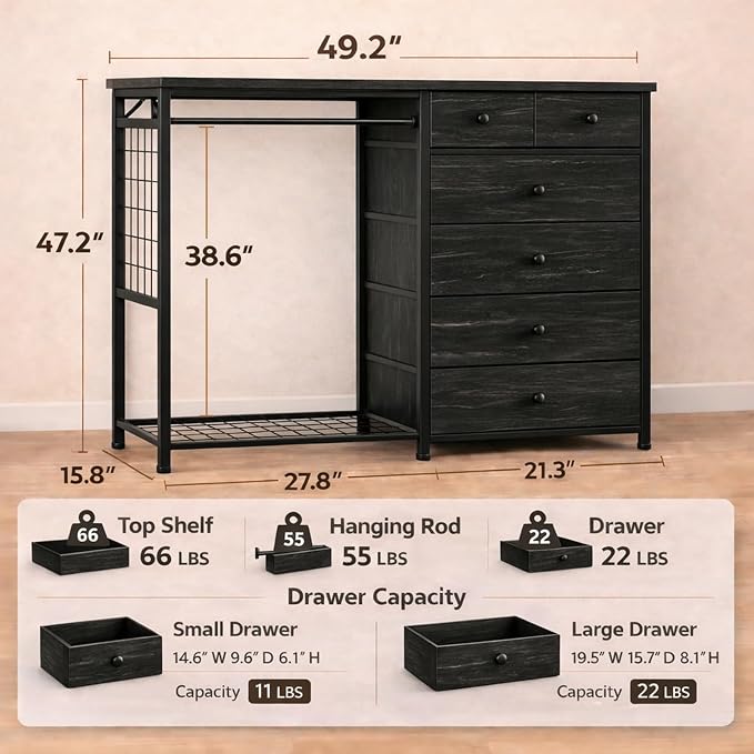 Simple Deluxe Storage Clothes Rack with 6 Drawers, Charging Station & LED Lights, Fabric Chest Shelves Clothing Rack, Wooden Portable Wardrobe Closet, 49.2" W x 15.7" D x 47.2" H, Black