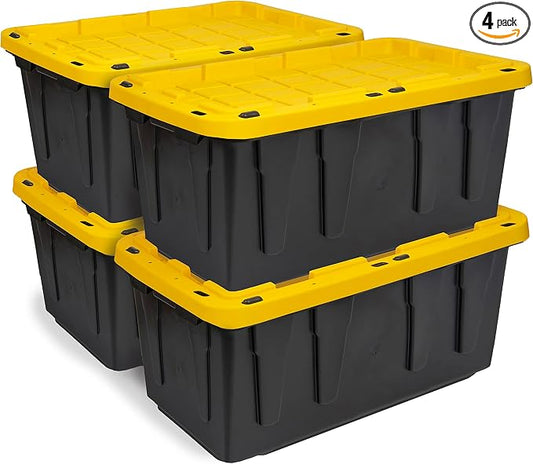 CX Heavy Duty 17-Gallon Stackable Plastic Storage Bins with Lids, 4 Pack | Storage totes for garage organization, Stackable containers, weather-resistant, snap lid, 12.5H x 18W x 26.9D, Black/Yellow