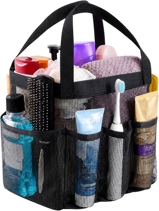 Lifewit Mesh Shower Caddy Portable for College Dorm Room Essentials with 7 Pockets, Freestanding Hanging Organizer Basket, Quick Dry Tote Bag for Camping, Bathroom, Beach, Travel, 1 Pack, Black