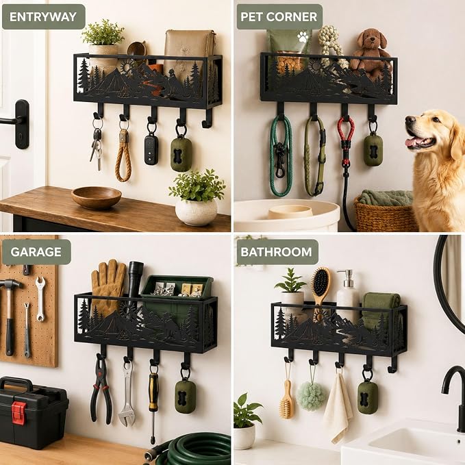 Custom Dog Leash Holder for Wall Outdoor Pet Supply Organizer with Basket | Personalized dog leash holder with storage basket, mountain dog design, wall mount organizer for leash, keys and pet supplies