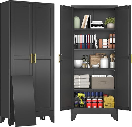 71" Black Metal Storage Cabinet with 2 Doors and 4 Adjustable Shelves,Steel Garage Tool Cabinet, File Cabinet,Kitchen Pantry Cabinet for Home,Office,Garage,School,Warehouse