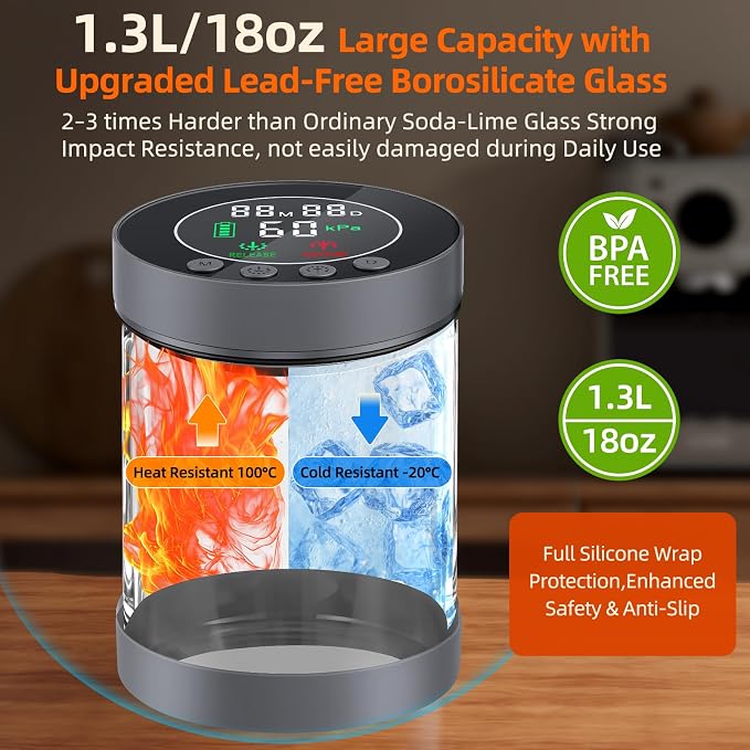 Automatic Vacuum Coffee Canister, 1.3L Airtight Food Storage Container | with Smart Pressure Sensor, Electric Coffee Bean Container Rechargeable with LED Display Window for Home Kitchen Food Storage