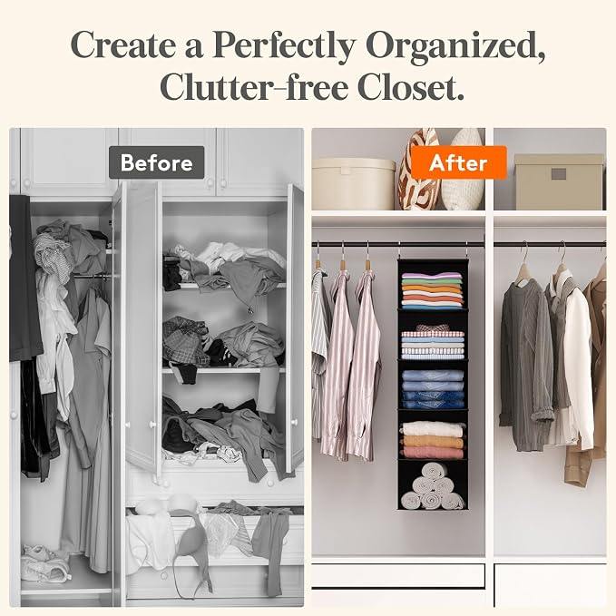 Lifewit 5 Tier Hanging Portable Closet Storage Organizer for Shelves, Black | Foldable Clothes Shelf with 2 Sturdy Hooks, Sweater/Coat/Shoes Clothing Organization for Wardrobe, Dorm, Bedroom