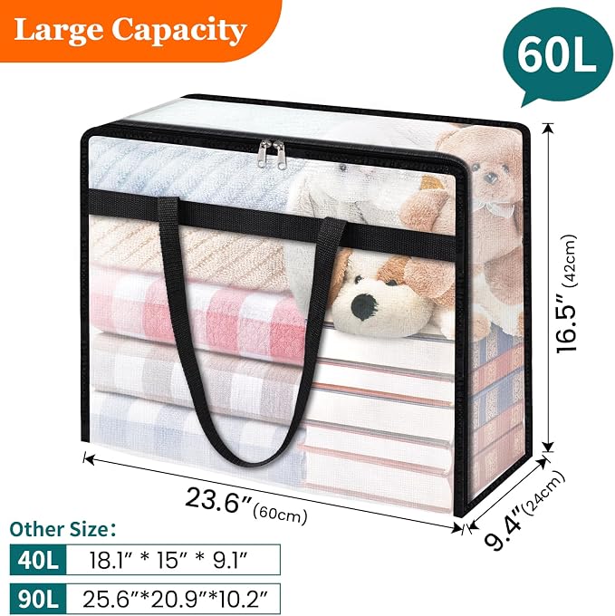 TasticTotes 6 Pack Clear Storage Bags for Comforter, Clothes & Bedding, 60L | Plastic Blanket Storage with Zipper & Handle, Foldable Moving Bags, Closet Organizer and Under-Bed Storage Containers