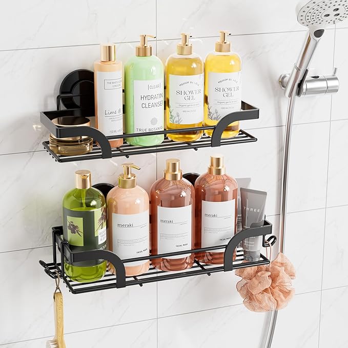 TAILI Shower Caddy Suction Cup 2 Pack, Heavy Duty Bathroom Basket, Bath Shelves for Inside, Stainless Steel Shower Holder for Bathroom Storage & Home Decor,Black