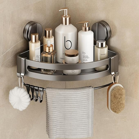 Corner Shower Caddy Suction Cup, 1 Pack Shower Shelves No Drilling, Showers Organizer Storage with Towel Bar & Removable Hooks, Bathroom Shower Shelf Rack for Inside Showers