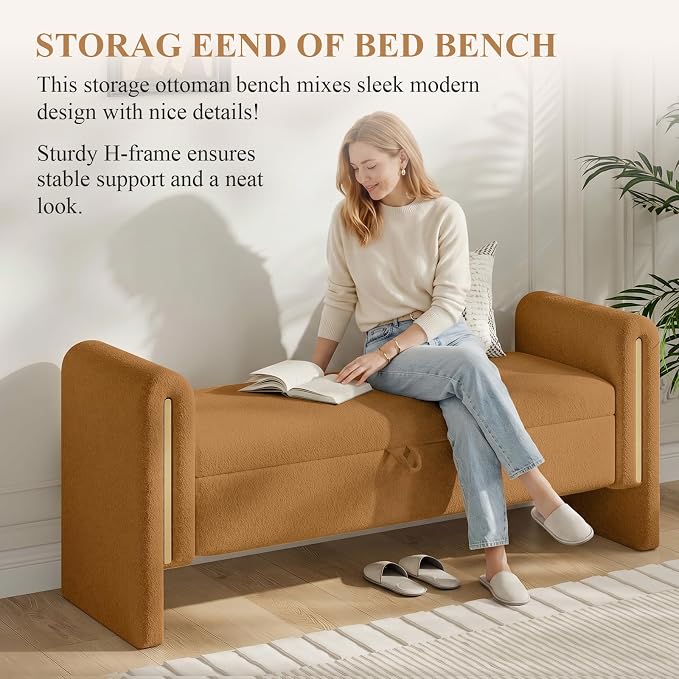 Storage Ottoman Bench, End of Bed Bench with Pull-Ring | 52" Teddy Upholstered, Window Bench with Armrest, Generous Storage, Safety Hinge, Holds 300 LBS, for Bedroom, Coffee