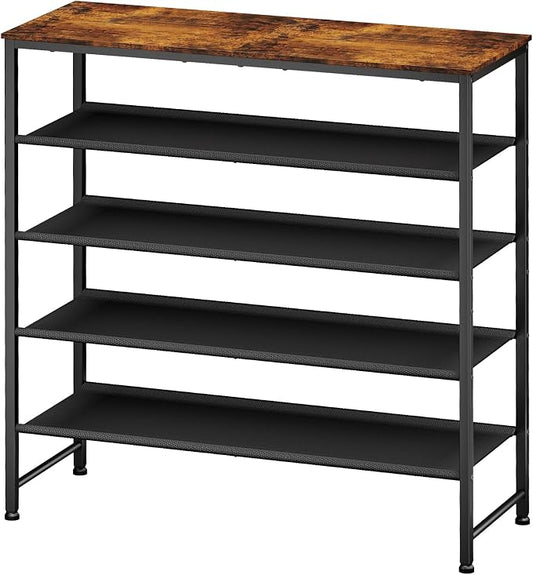 Kitsure 5-Tier Shoe Rack with Wooden Top, 29.5" x 11.4" x 31.1", Brown | Wooden Shoe Rack for Entryway, Closet, Metal Frame Shoe Storage for Closet, Space-Saving Shoe Rack Organizer with Table Top