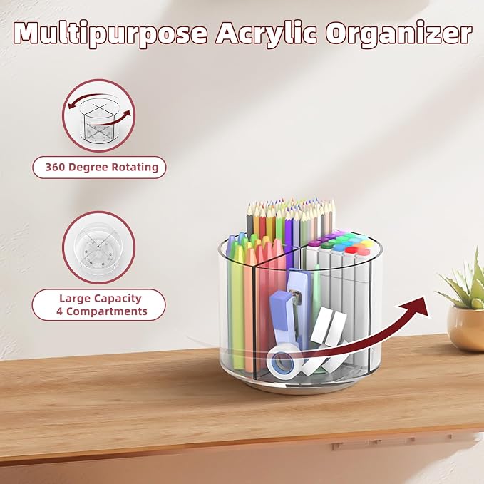 Pencil Holder for Kids, 360 Rotating Pen Holder for Desk Organizer and Storage, 4 Compartments Art Supply Marker Organizer, Pen Organizer Pencil Holder