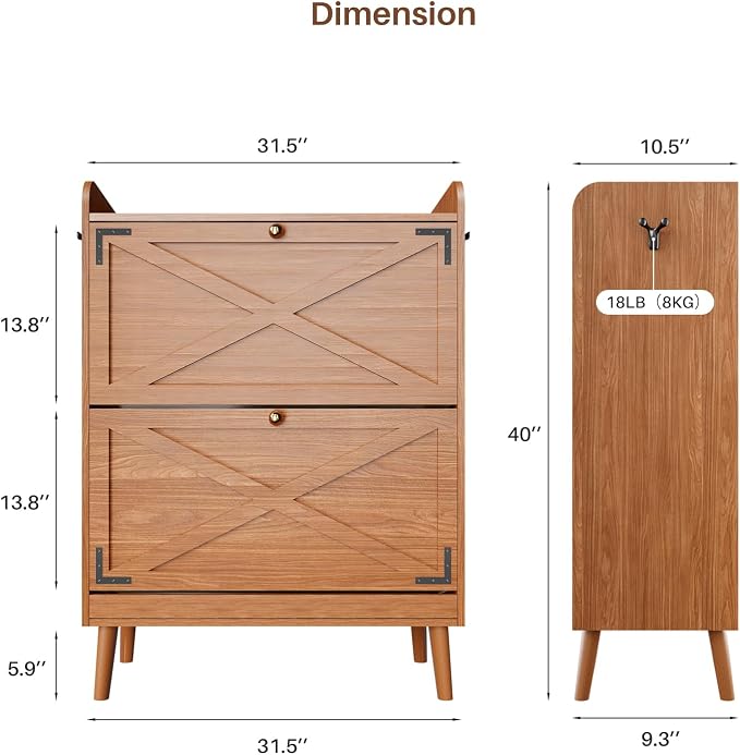 YZ HOME Shoe Storage Cabinet with 2 Flip Drawers | Entryway Shoe Cabinet, Metal Hooks & Adjustable Shelves, Freestanding Narrow Shoe Rack for Hallway Foyer, Walnut