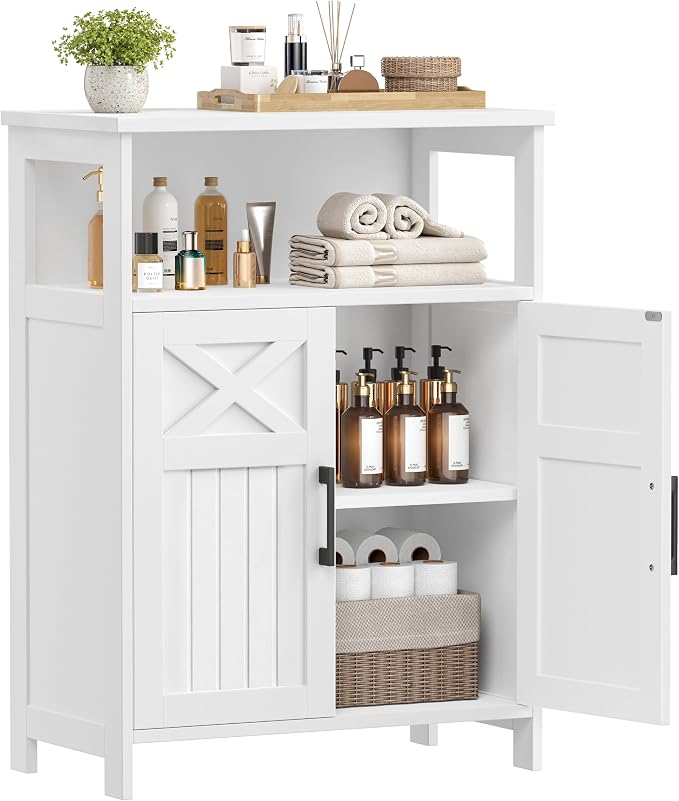 Akxomel Farmhouse Bathroom Storage Cabinet, 11.8" D x 23.6" W Bathroom Floor Cabinet, Small Toilet Paper Cabinet with 2 Doors, Linen Cabinet with Adjustable Shelf for Kitchen, Living Room, White