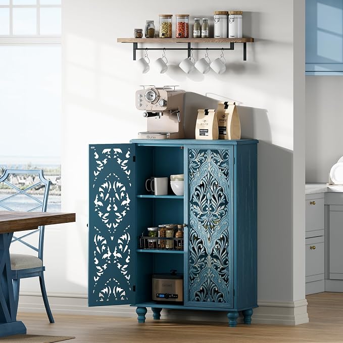 JOINICE 47" Tall Accent Cabinet with Carved Doors & Storage for Living Room | Vertical Storage for Dining Room,Bedroom, Carved Floral Design, Farmhouse & Rustic Style, Adjustable Shelves, Easy Assembly