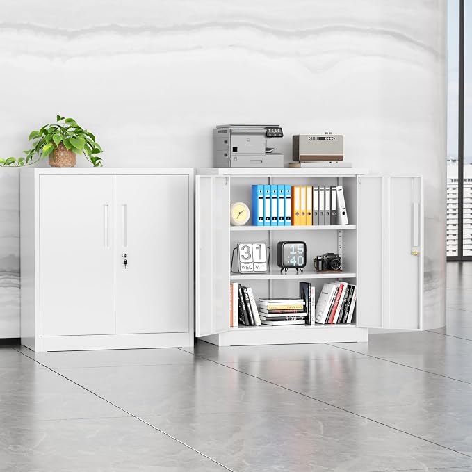 INTERGREAT Metal Garage Storage Cabinet, 36" Locking Counter Cabinet with 2 Locking Doors and 2 Adjustable Shelves, Small Steel Cabinet for for Home Office, Gym, School(White)