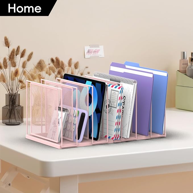 File Organizer for Desk, 7-Section Vertical File Sorter, Paper Holder Organizer Standing Metal File Folder for Office Home Classroom, Pink