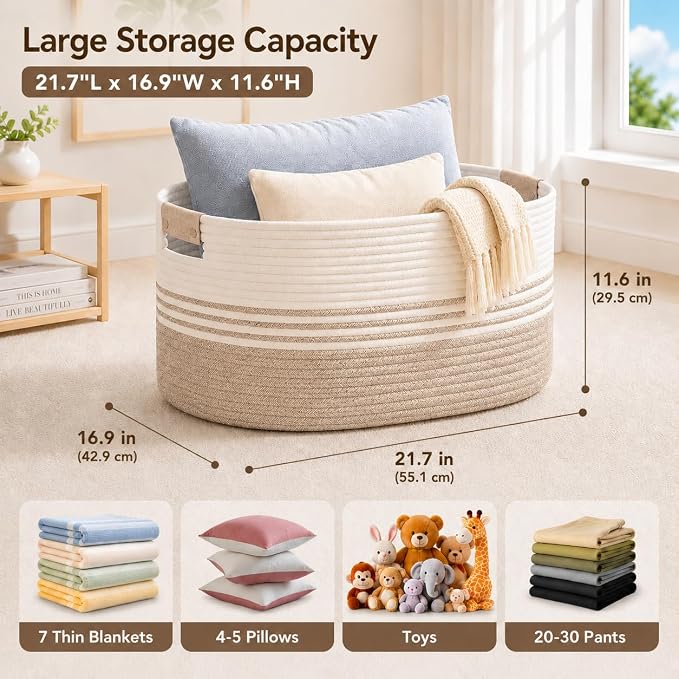 Laundry Hamper with Handles, 72L Rope Laundry Basket, Light Brown | Cotton rope clothes hamper with leather handles holds blankets, pillows, toys and laundry in nursery, bedroom or living room