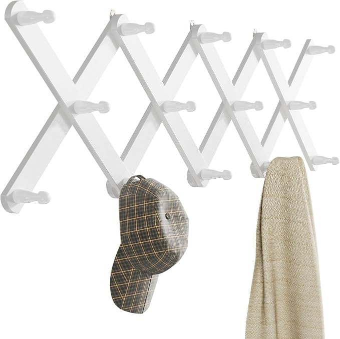OROPY Accordion Wall Hanger with 14 Pegs, Expandable Wooden Coat & Hat Rack | White Color, Hat Display Rack, X Shape Rack for Coat, Hats, Bags, Baseball Caps, Coffee Mug, Jewelry