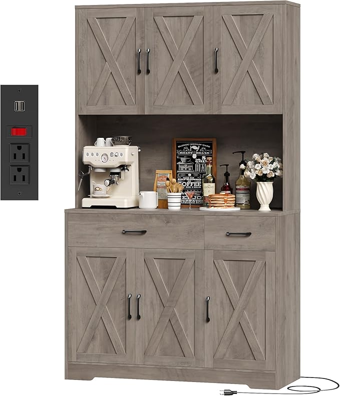 HOSTACK 71" H Kitchen Pantry Storage Cabinet, Farmhouse Hutch Cabinet, Grey | Space-Saving Pantry Cabinet with Charging Station & 2 Large Drawers & Adjustable Shelves, Tall Kitchen Hutch for Dining Room