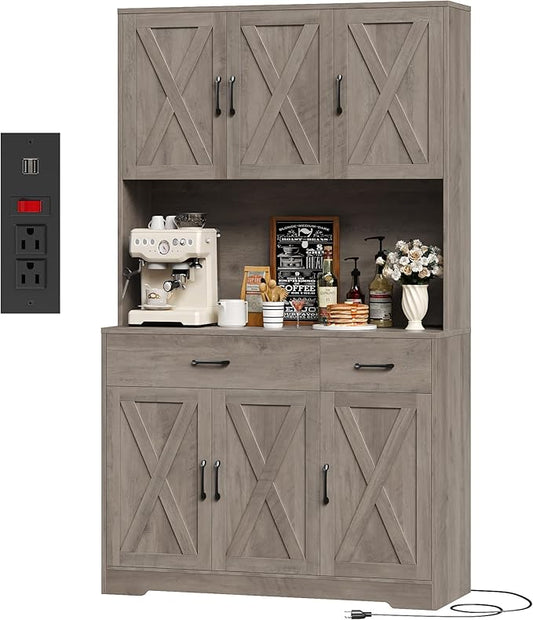HOSTACK 71" H Kitchen Pantry Storage Cabinet, Farmhouse Hutch Cabinet, Grey | Space-Saving Pantry Cabinet with Charging Station & 2 Large Drawers & Adjustable Shelves, Tall Kitchen Hutch for Dining Room