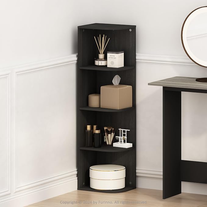 Furinno Reed Corner Shelf, 4-Tier Corner Bookshelf, Book Shelf, Corner Shelves, Storage Rack, for Organization and Storage, Home Office, Living Room, Blackwood