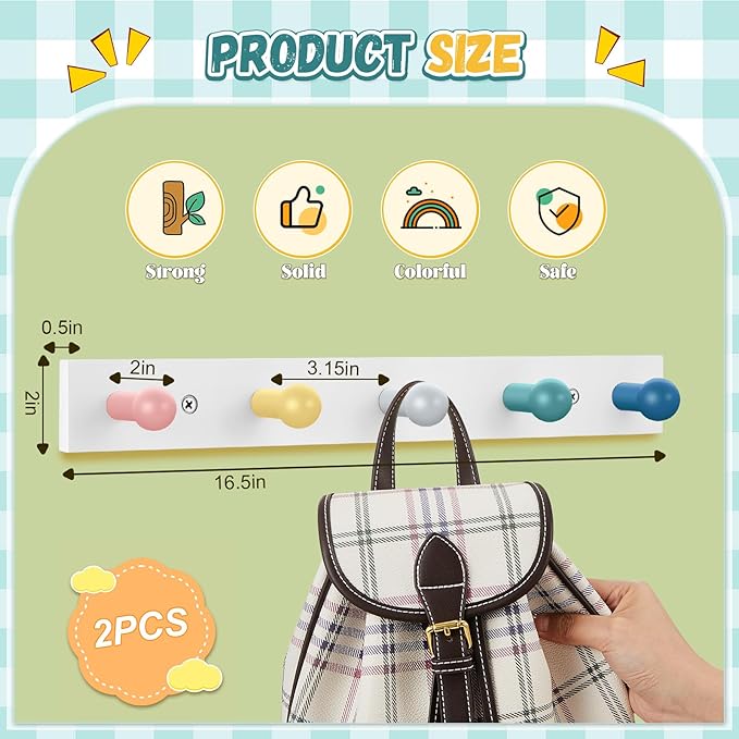 Maitys 2 Pcs Kids Coat Rack Wall Mount Kids Wall Hooks Rainbow Coat Rack Hooks for Boys Girls Toddler Cute Bathroom Decor Colorful Backpack Hanger Supplies for Clothes Hat Towel in Bedroom(Round)