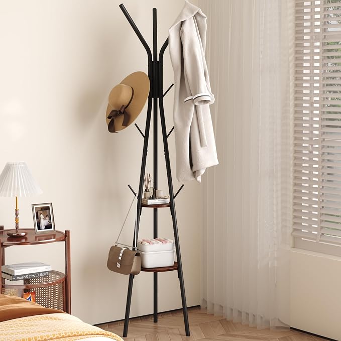HOMEFORT Coat Rack, Coat Hanger Stand with 2 Shelves, Freestanding Hall Tree, Metal Hat Hanger with 12 Hooks for Clothes Hats and Scarves, Black and Rustic Brown,15.7" Wx15.7 Dx72.8H