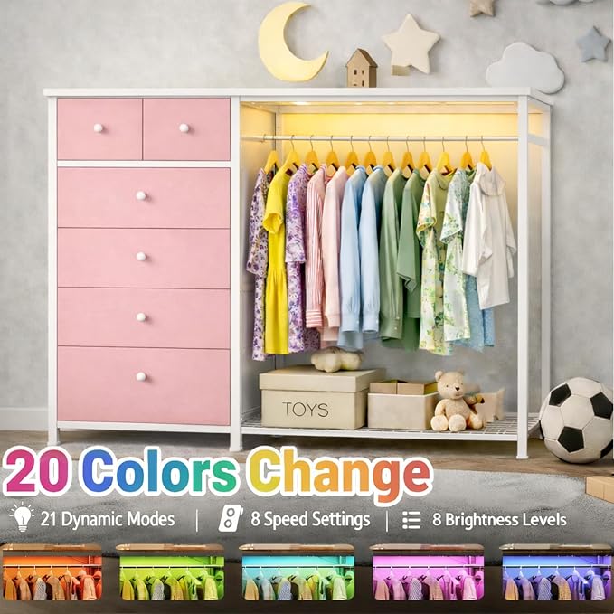 Simple Deluxe Storage Clothes Rack with 6 Drawers, Charging Station & LED Lights, Fabric Chest Shelves Clothing Rack, Wooden Portable Wardrobe Closet, 49.2" W x 15.7" D x 47.2" H, PINK