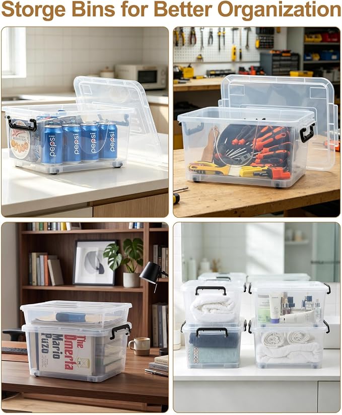 NUMIFUN 15QT Storage Bins with lids, Stackable Space Saver for Family | 4-pack BPA-free plastic boxes with secure latches. Deep recessed lids ensure safe stacking for closet & garage storage.