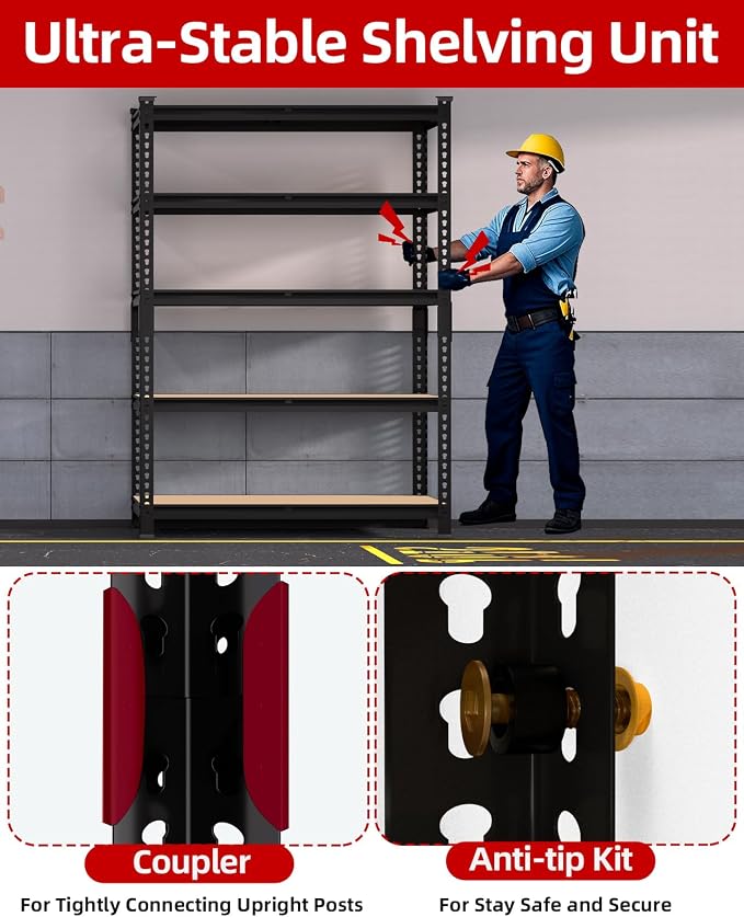 PrimeZone 5-Tier Garage Storage Shelves, Adjustable Metal Shelving, Black | 36" x 16" x 72", Heavy-Duty Metal Frame & Connectors, FSC MDF Boards, 2000 LBS Storage for Garage, Pantry & Closet, 2 PCS