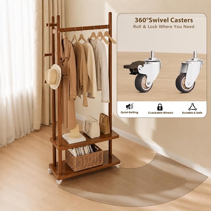 Taitiy Coat Rack Solid Wood Stand Storage 2 Shelves 4 Hooks Entryway | Hallway bedroom living room office, durable wood construction, freestanding design, coats hats bags storage
